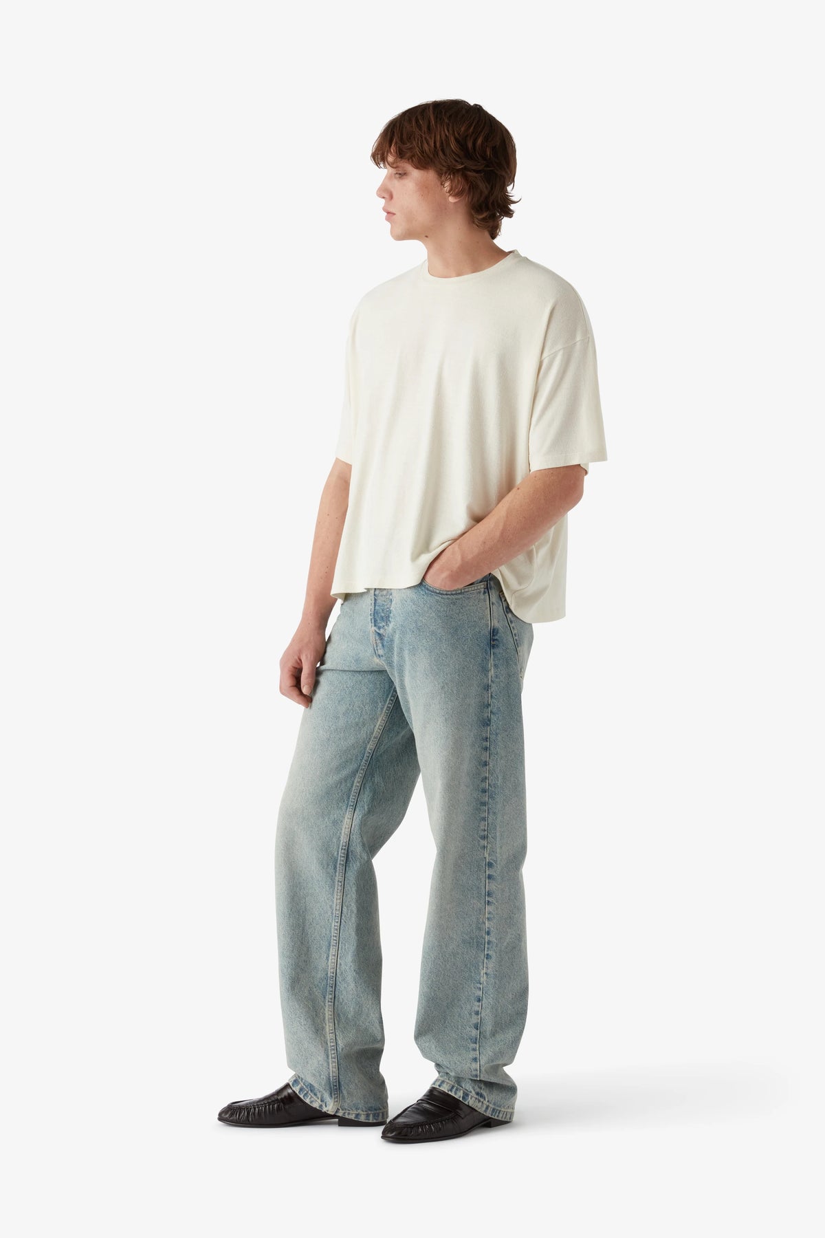 
Tyler Wide Jean in light wash — on-model view 7