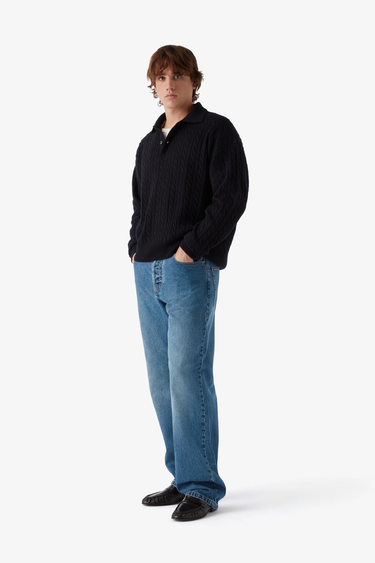 
Renné Knitted Cable Polo in navy — on-model view 48