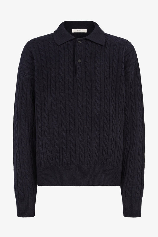 Renné Knitted Cable Polo in navy — front view